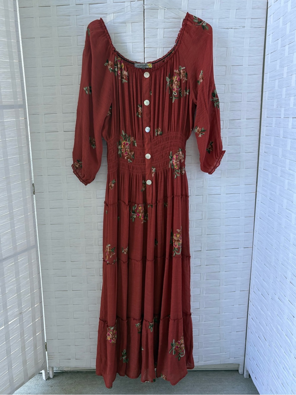 Fig & Flower Anthropology XL Rust Embroidered Floral Tier Maxi Dress Lined Boho